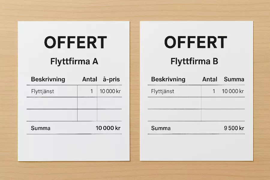 Två offerter från olika flyttfirmor jämförs sida vid sida inför flytt